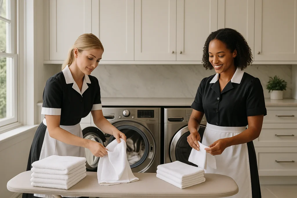 Professional housekeepers folding laundry in a private household in London