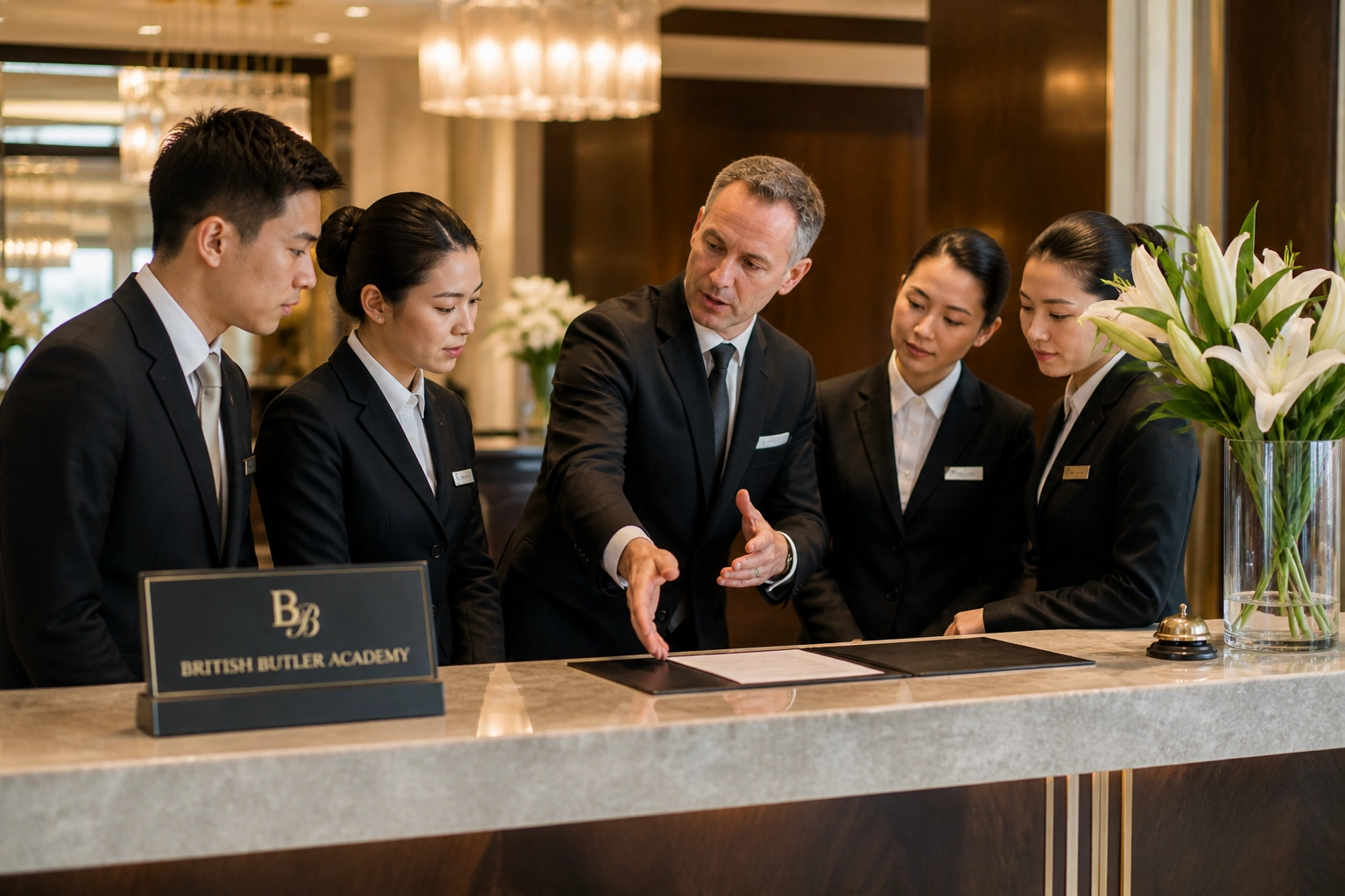 Hotel service standards training in a luxury reception environment