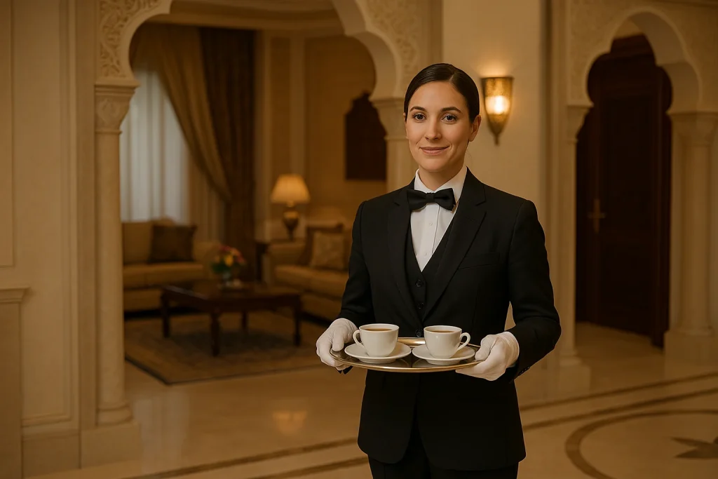 Female butler serving guests in a luxury private household in Saudi Arabia