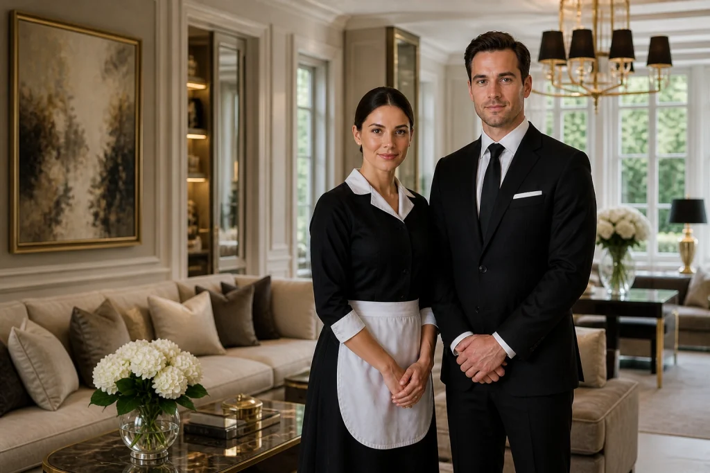 Professional domestic couple standing in a luxury private household interior