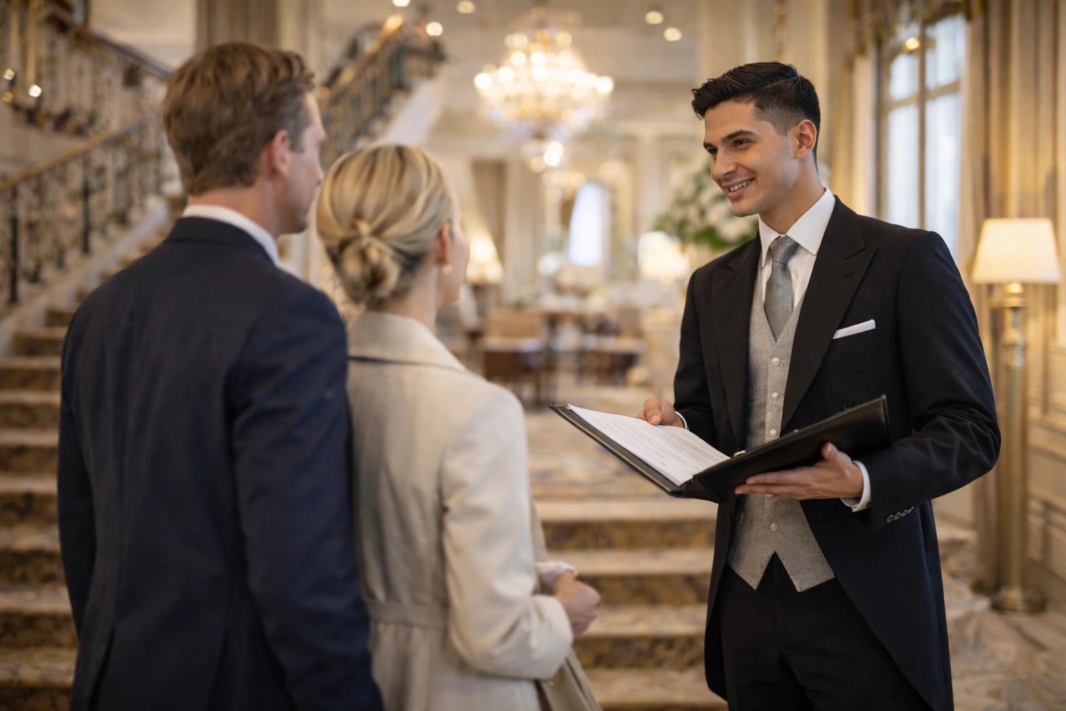 Hotel butler welcoming guests during luxury service training