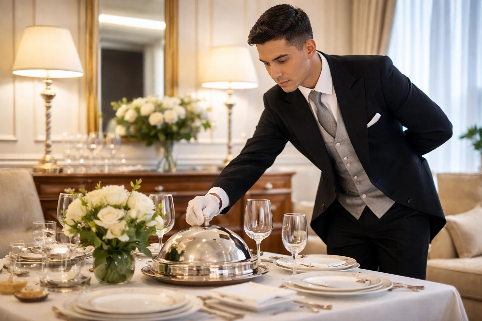 Hotel butler presenting service during training session