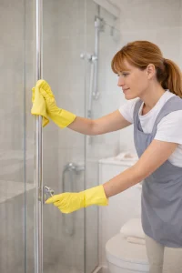 Housekeeper cleaning shower glass in a residential bathroom
