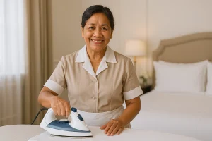 Smiling mature housekeeper ironing or doing laundry
