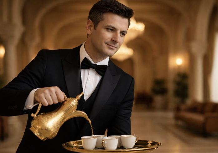 Professional butler serving Arabic coffee in a luxury private household in Saudi Arabia