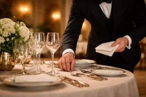 Butler setting table with precision in a luxury private household