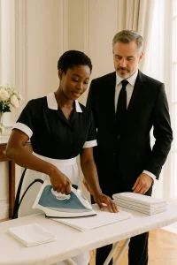 Butler supervising garment pressing and wardrobe care in a private home