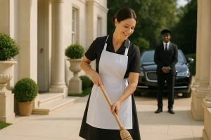 Housekeeper sweeping