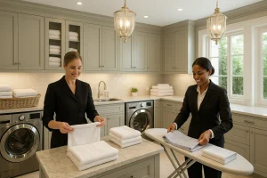 Housekeepers preparing freshly laundered linens in a private home
