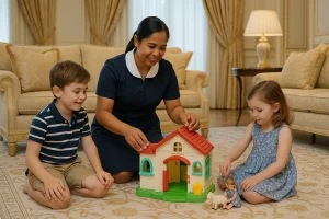 A nanny spending time with children in a family home