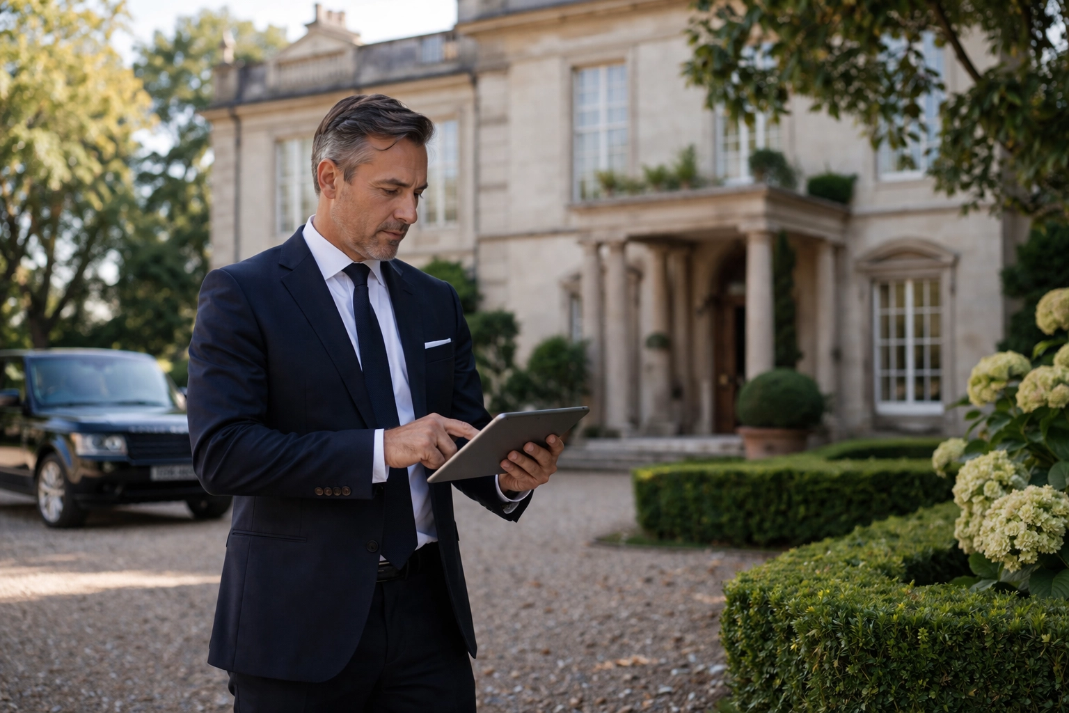 Estate manager reviewing property details outside a luxury private residence
