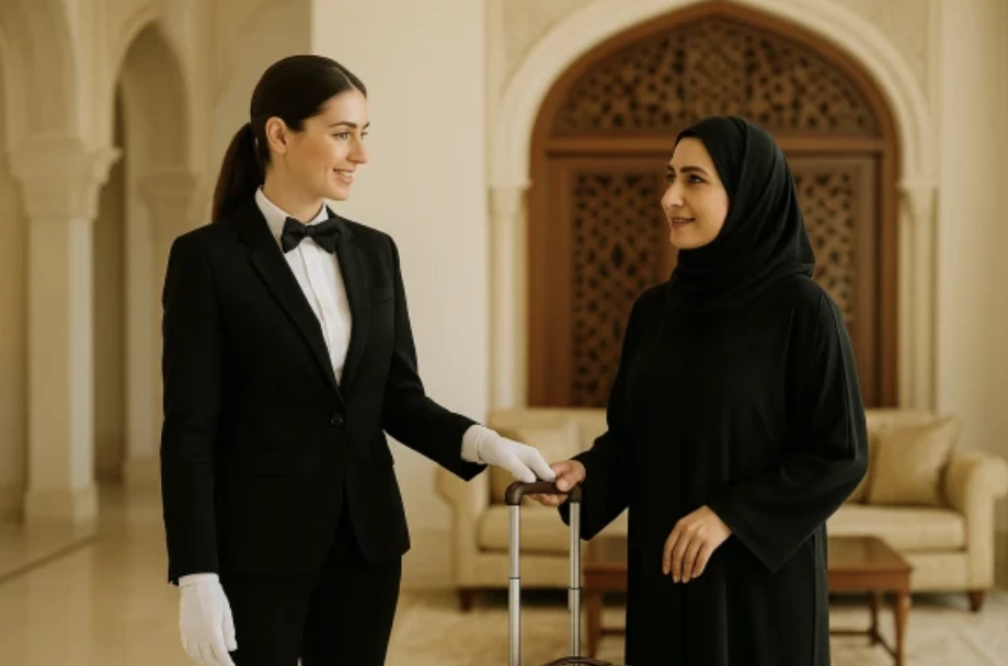 Female butler providing service within a private household setting