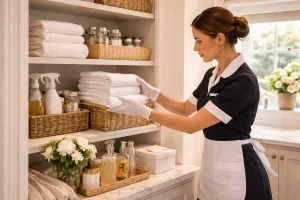 professional housekeeper organising towels and linens in a private household