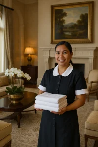 Housekeeper holding fresh towels in a private household living room