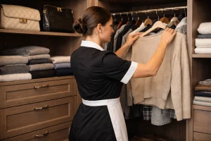 Professional housekeeper organising wardrobe in luxury home