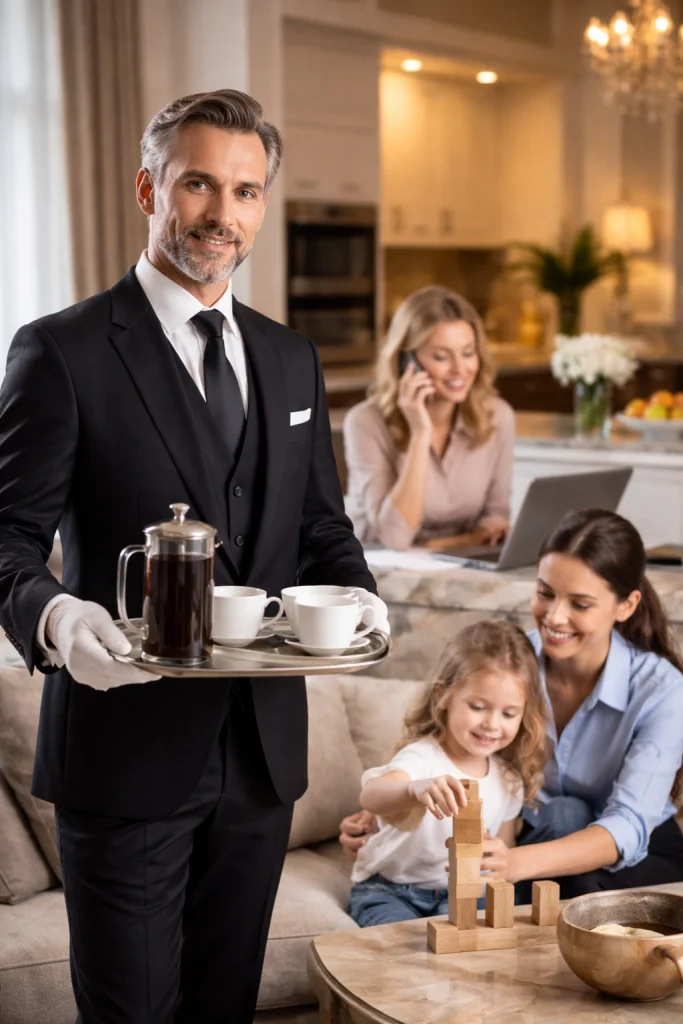 Hybrid domestic staff working within a private household combining multiple roles including butler, nanny and personal assistant