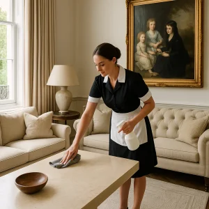 housekeeper cleaning a luxury living room in a private London home