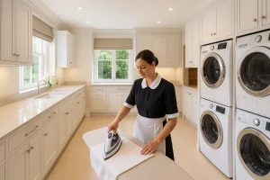 professional housekeeper ironing in a private London home