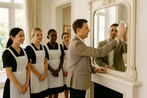 Trainer demonstrating cleaning standards to household staff inside a luxury home