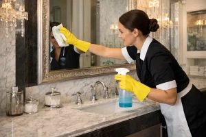 Private housekeeper cleaning luxury bathroom in London home
