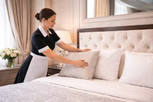 Professional housekeeper preparing a luxury bedroom in a private London residence