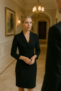 Professional butler discussing arrangements with a principal inside a residence