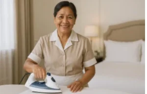 Professional housekeeper ironing laundry in a private household in London
