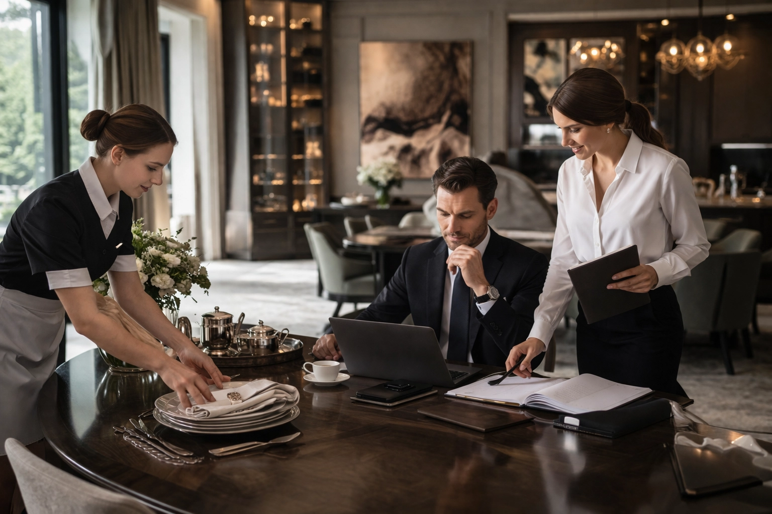 Hybrid domestic staff and household professionals coordinating multiple responsibilities in a modern private household