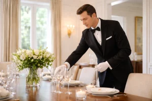 Butler prepares dining table in private home
