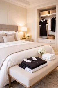 Private bedroom prepared for a live-in housekeeper inside a luxury home