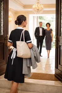 Live-out housekeeper arriving at a private residence for work