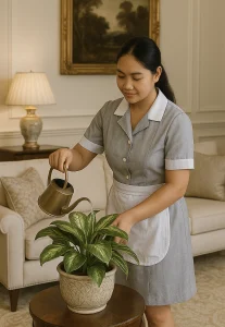 Housekeeper watering plants
