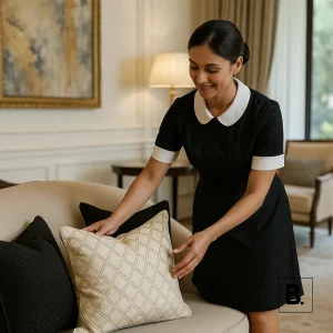 housekeeper realigning cushions in a private home