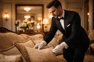 Butler adjusting cushions in a luxury living room with attention to detail
