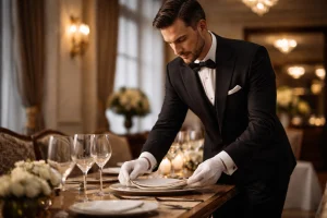 Butler setting a formal dining table with precision and white gloves