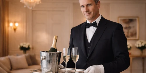 Professional butler serving champagne during luxury butler training in a private household