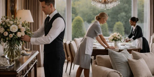 Professional domestic staff working in a luxury private household interior