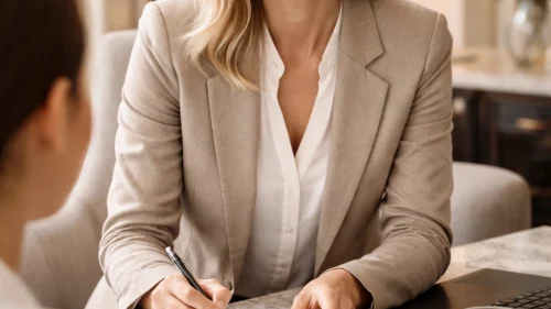 Domestic staff recruitment consultant interviewing a candidate for a private household role