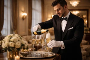 Butler pouring champagne in a luxury private household setting