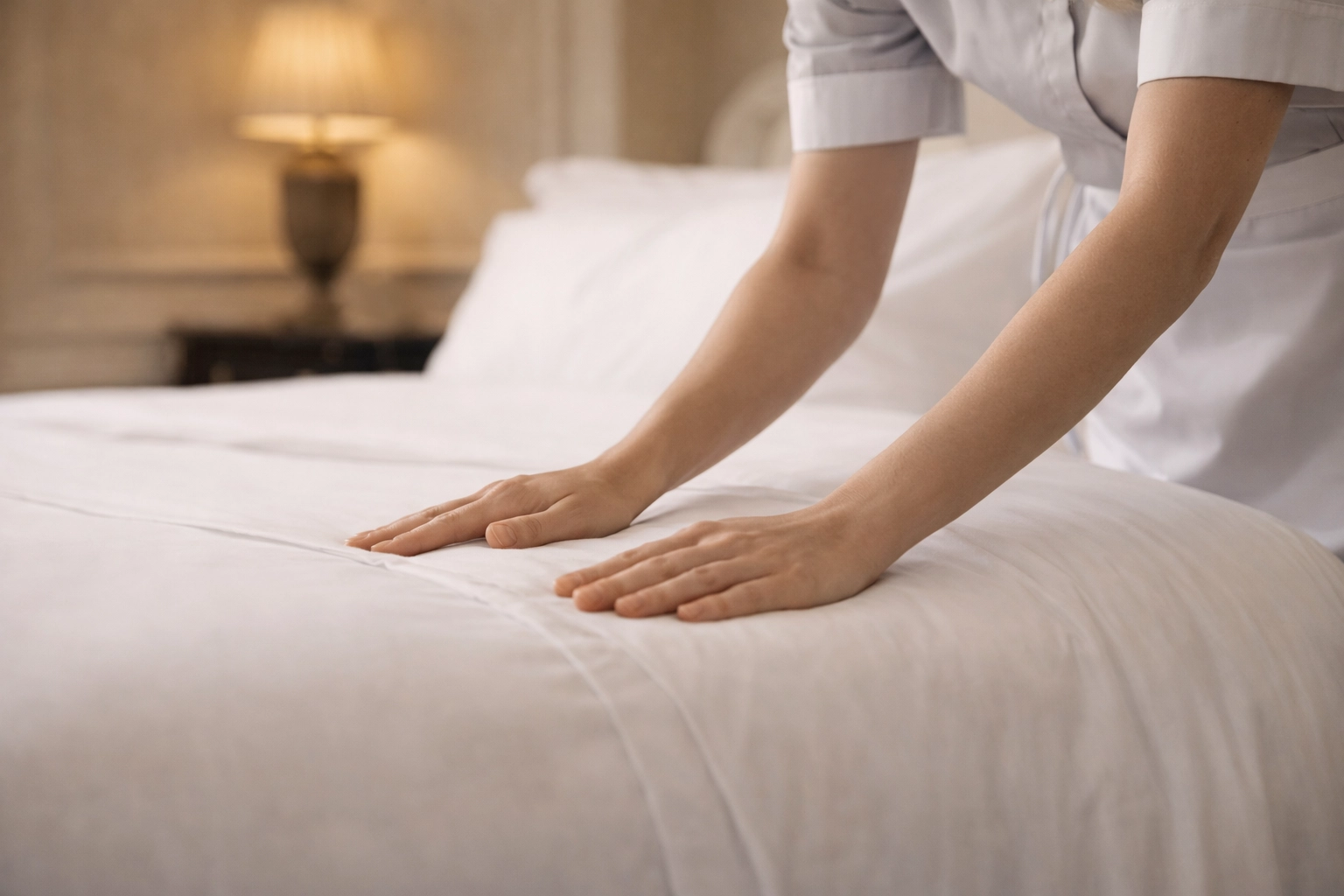 Housekeeper smoothing bed linens to professional standards in a private household