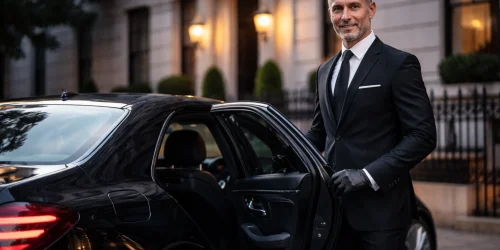 Private chauffeur in London standing beside luxury car outside townhouse