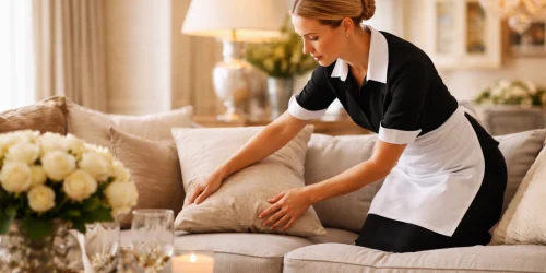 Professional housekeeper maintaining luxury private household interior