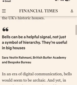 Sara Vestin Rahmani quoted in Financial Times article discussing service bells in large private houses