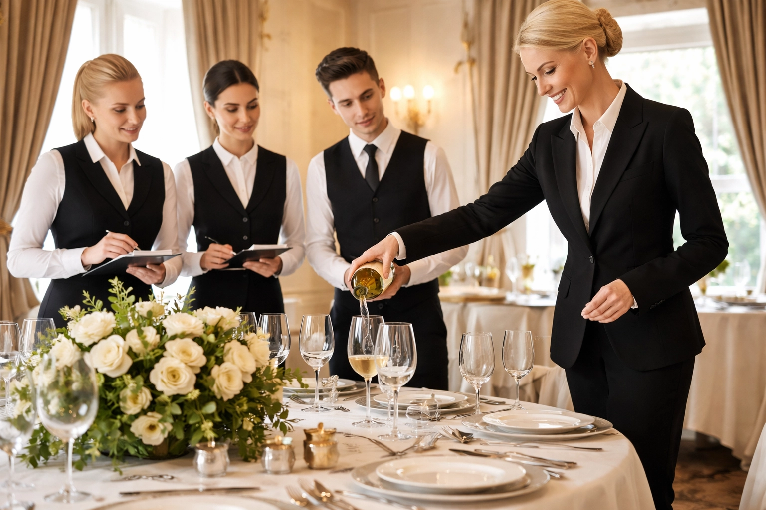 Silver service training session showing formal table setting and service etiquette in a luxury environment
