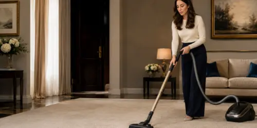 Sara Vestin Rahmani demonstrating professional vacuuming technique beside a bed in a private household bedroom