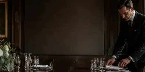 Butler arranging a place setting in an elegant private dining room.