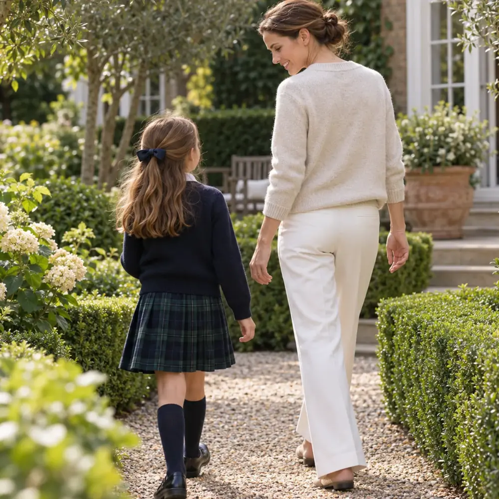 Attentive nanny walking with a child in a London garden