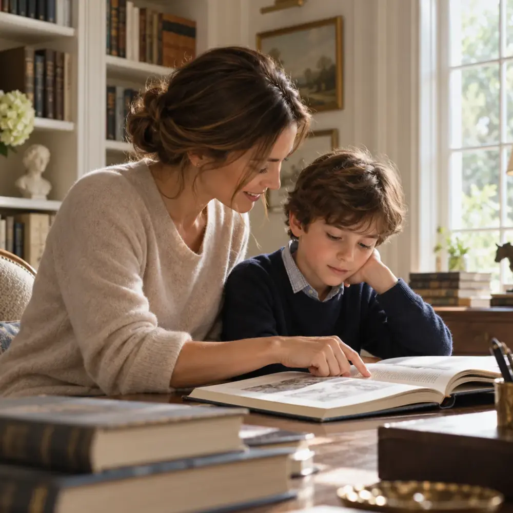 Nanny guiding a child's reading at home