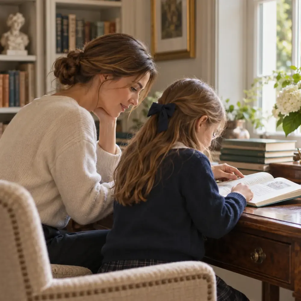 Nanny and child sharing a quiet reading moment in a family library